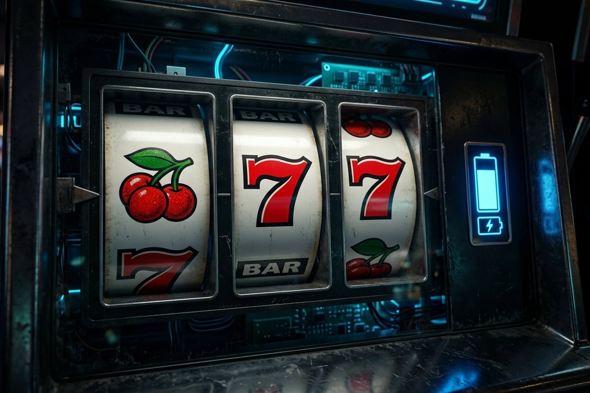 Gulungan mesin slot dengan simbol ceri dan tujuh di sebelah indikator baterai ponsel yang menyala biru