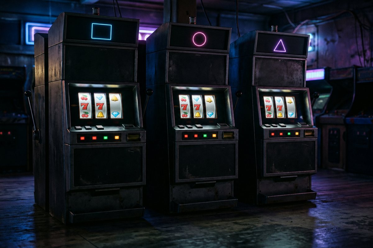 Tiga pintu kabinet mesin slot dengan jendela gulungan menyala biru neon berdiri di ruangan gelap