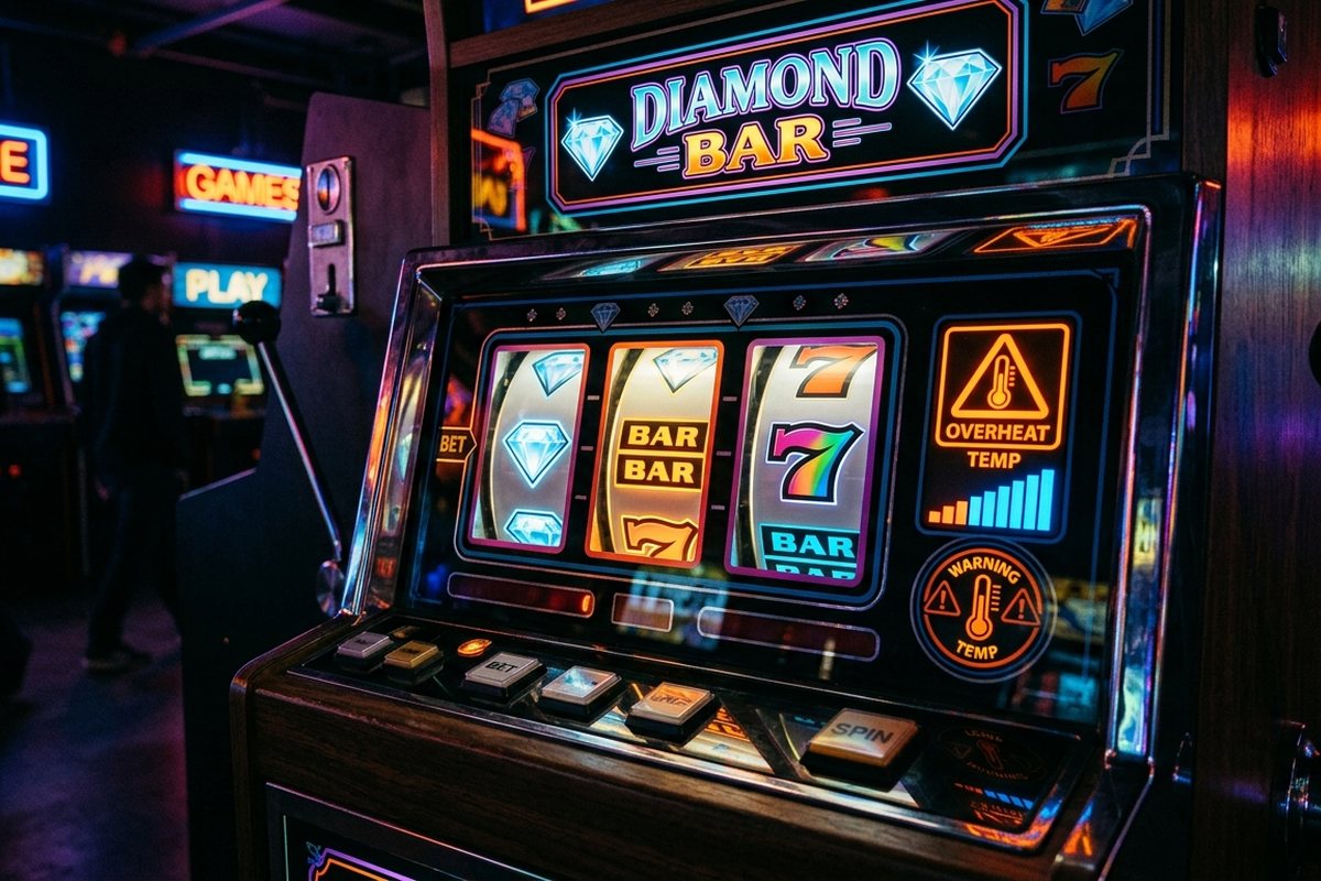 Panel mesin slot dengan gulungan simbol berlian dan indikator suhu yang menyala di ruangan gelap