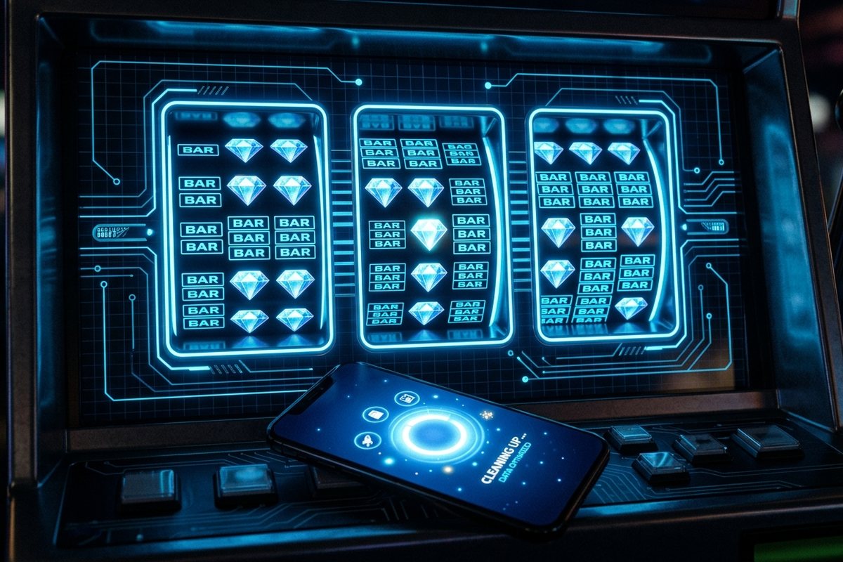 Gulungan slot penuh simbol BAR dan berlian tersusun seperti blok data di kabinet gelap dengan cahaya biru
