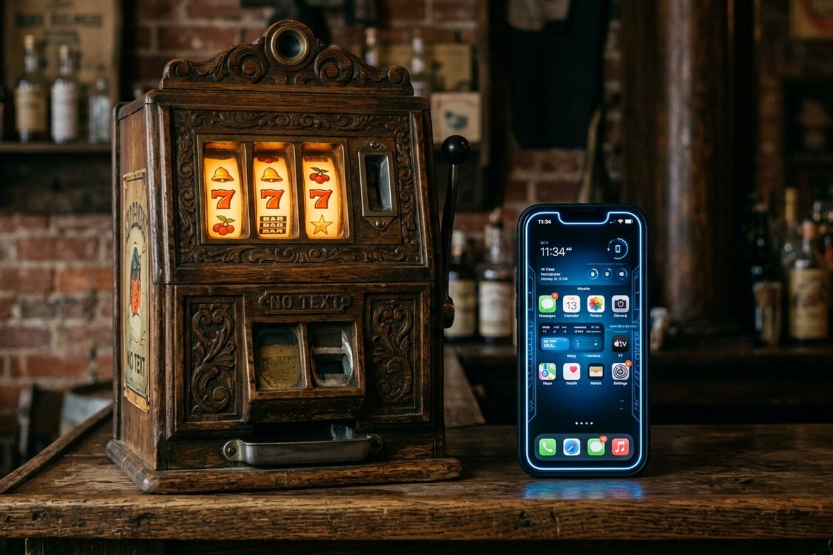 Kabinet slot antik dan ponsel modern berdampingan dengan lampu tujuh dan bel yang hangat